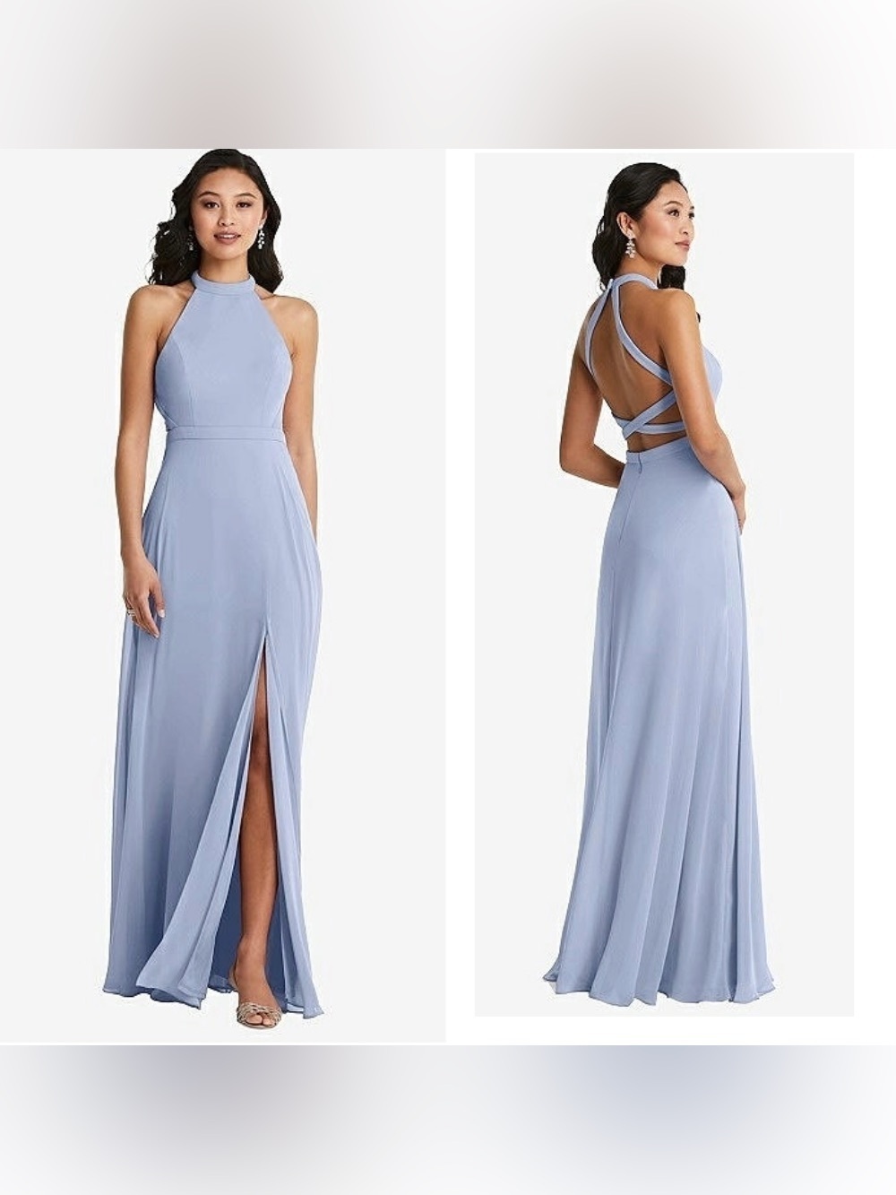 NWT Dessy Collection Blue High Neck Halter Maxi Dress, Crisscross Open-Back, 10R
